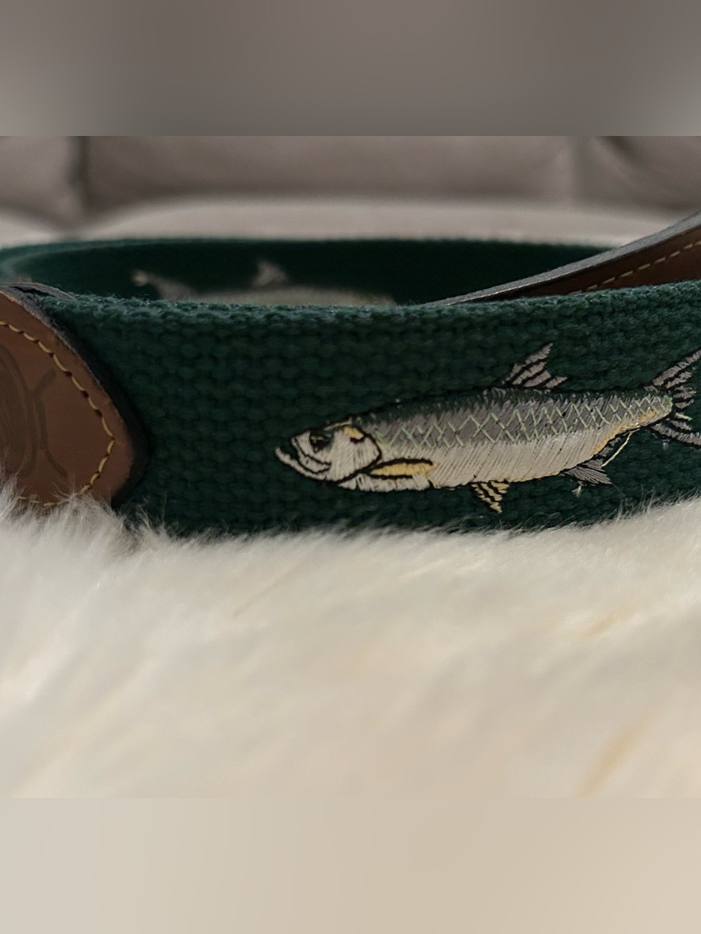 Etro Dark Green Woven Belt with Embroidered Tarpon Size 40